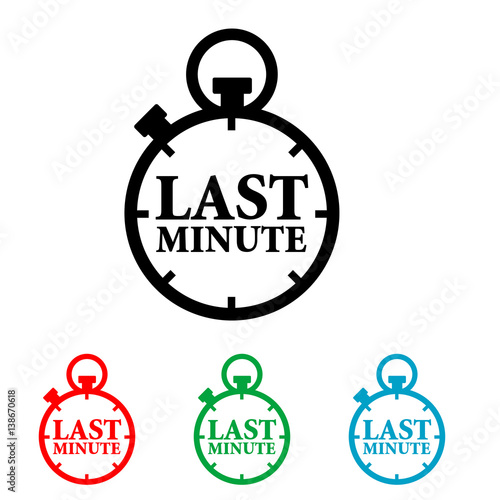 Icono plano cronometro texto LAST MINUTE en varios colores