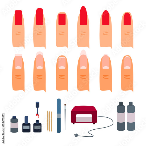 Kit for gel manicure and types of shapes of nails on fingers.
