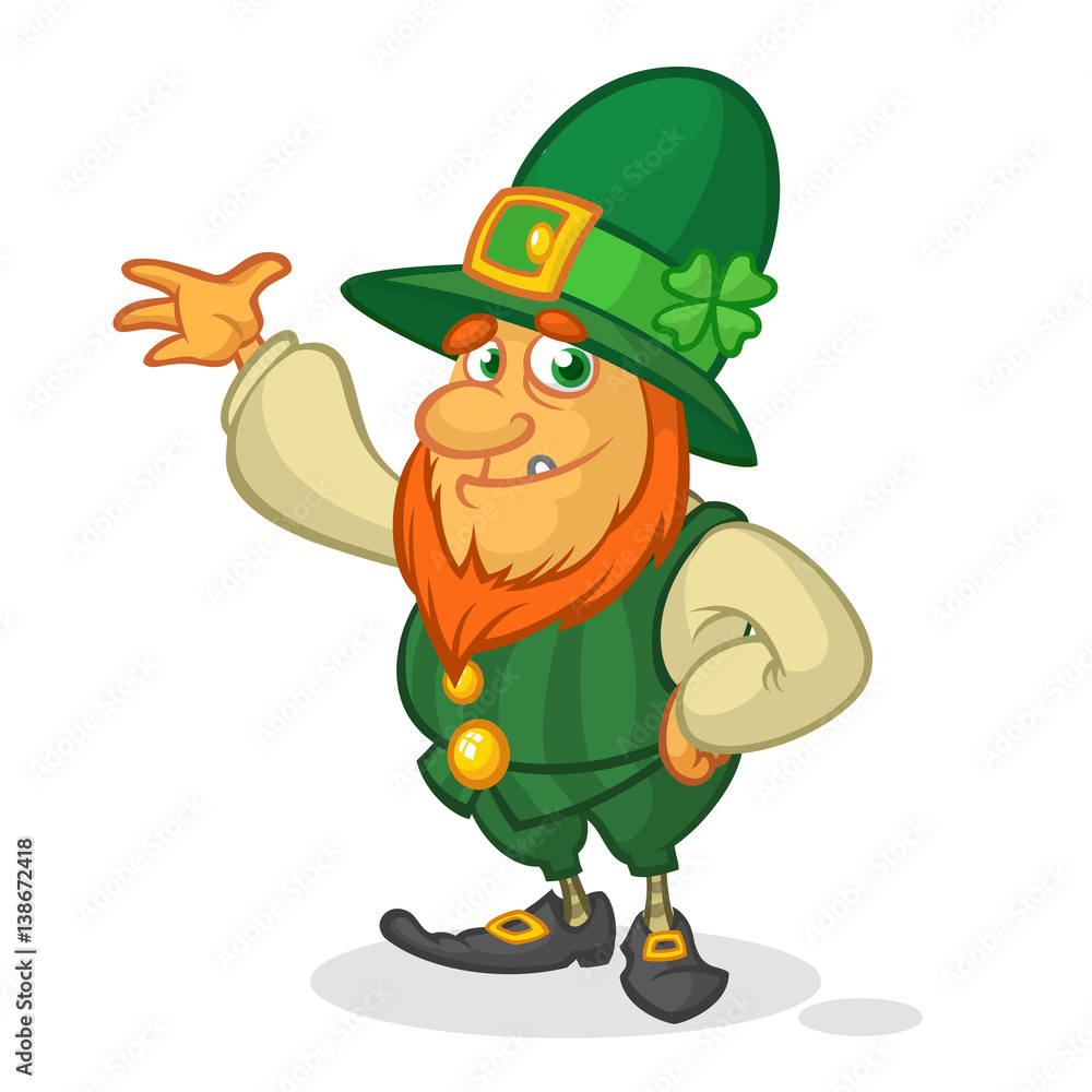 Fototapeta premium Cartoon Leprechaun. Vector illustration of Leprechaun character presenting. St Patrick's Day mascot