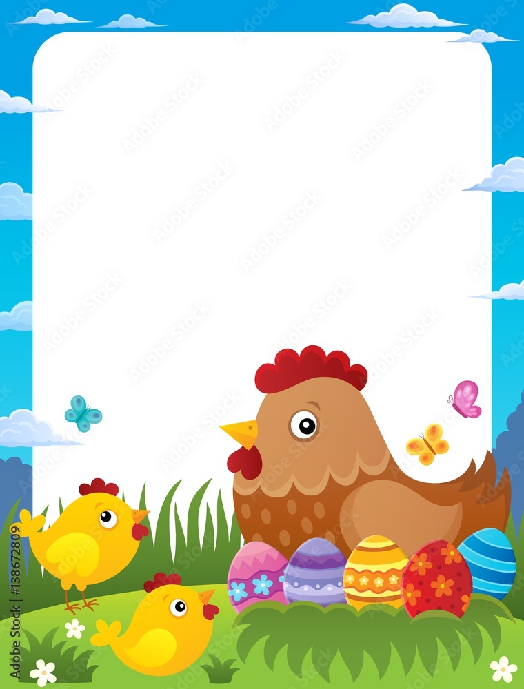 Frame with Easter hen and chickens Frame with Easter hen and chickens