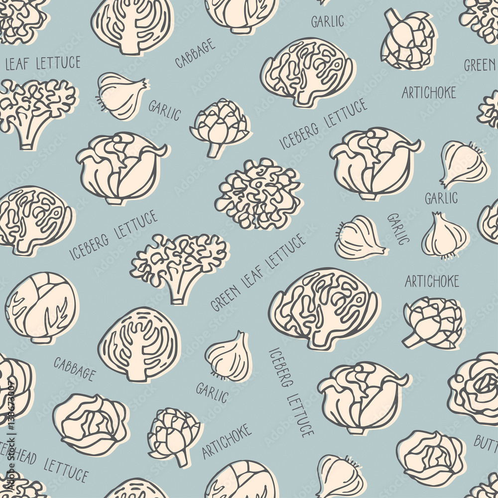 Seamless pattern with hand drawn vegetables. Perfect organic food pattern in flat style with hand drawn lettering Seamless pattern with hand drawn vegetables. Perfect organic food pattern in flat style with hand drawn lettering