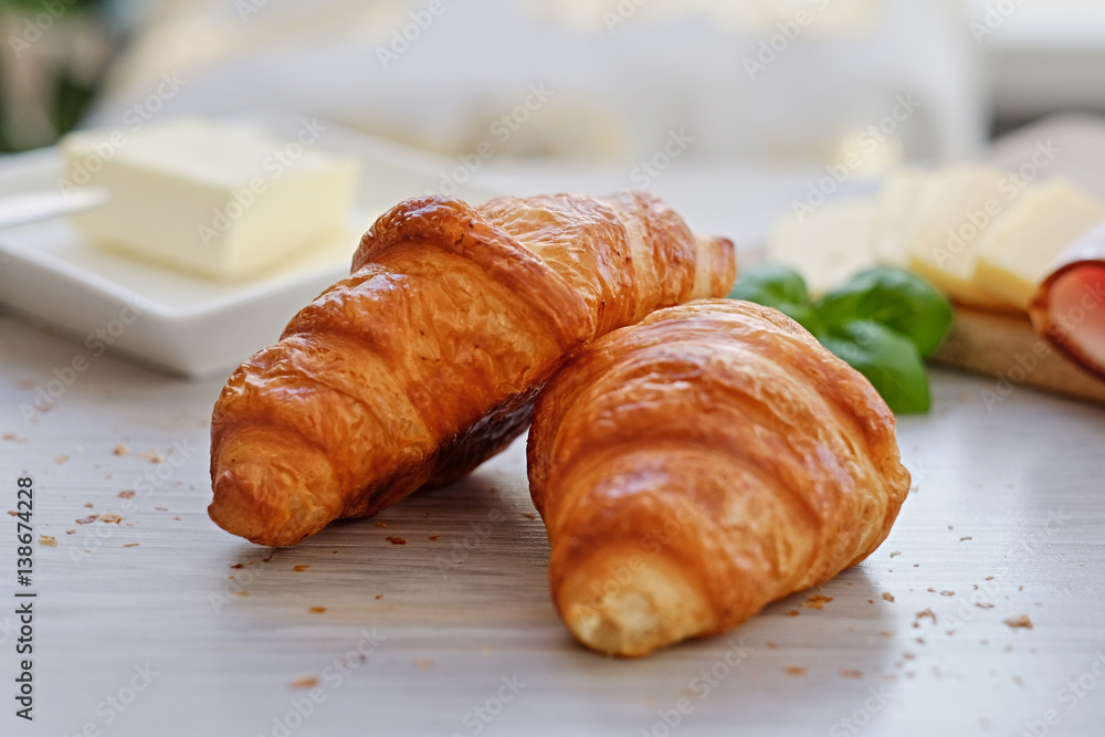 Close up croissant snacks on a table.