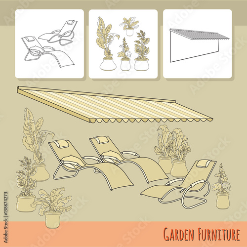 Lounge chairs,  patio, awning and flowers in pot. Rest area.
