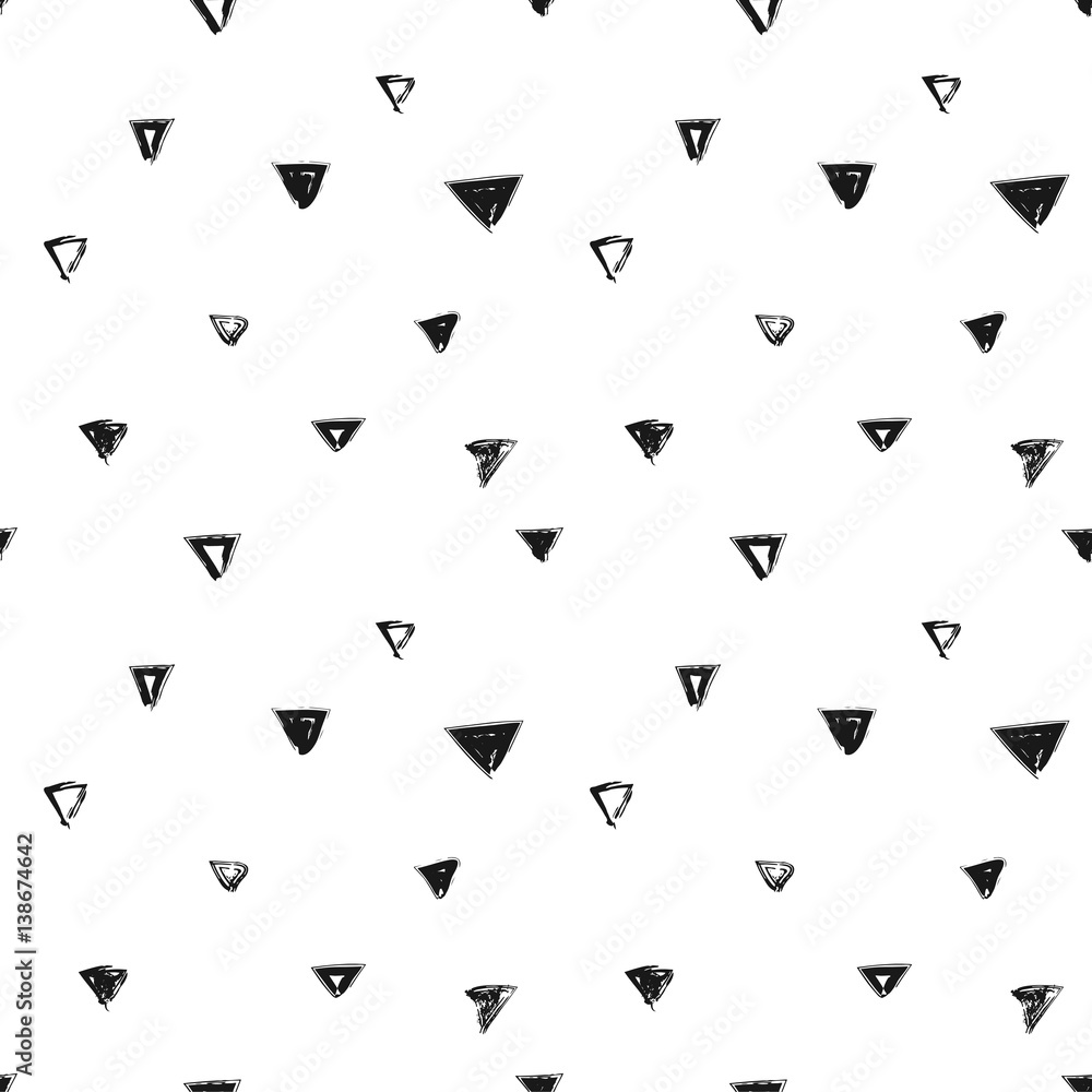 Naklejka Seamless pattern with black hand drawn triangles in grunge style. Vector illustration