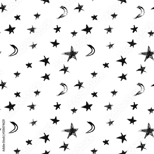 Seamless pattern with black hand drawn stars and crescent moons in grunge style. Vector illustration