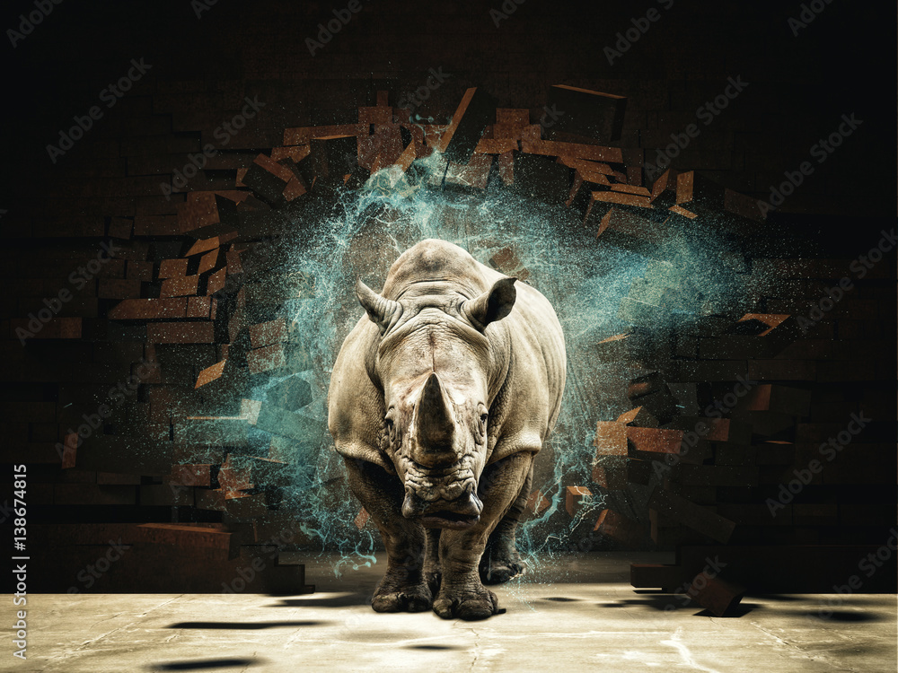 rhino destroy brick wall 3d rendering image 