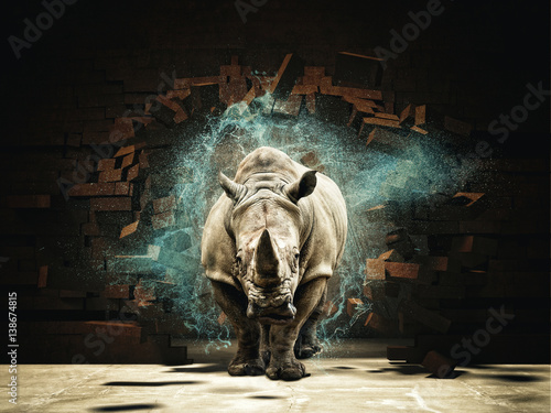 rhino destroy brick wall 3d rendering image © tiero