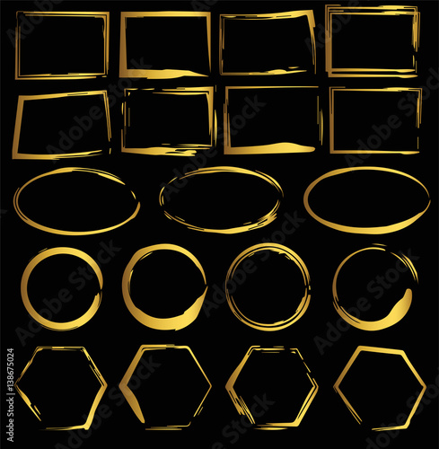 Set with golden watercolor frames on black background. Vector design elements