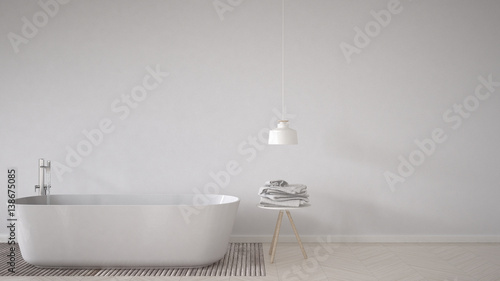 Scandinavian bathroom background, bathtub, table and lamp on herringbone natural parquet flooring, interior design