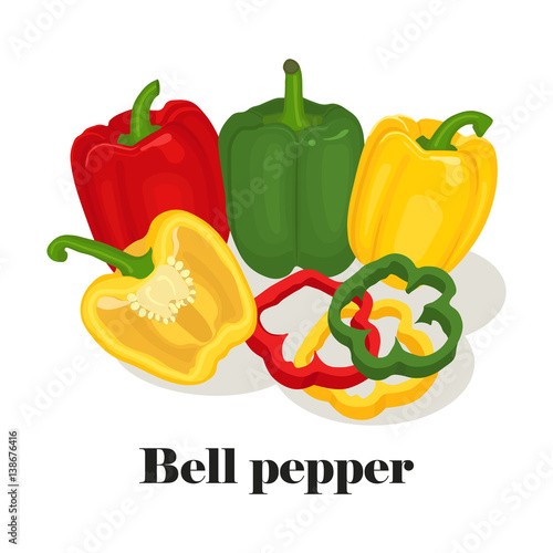 Green, yellow and red bell pepper. Whole, slice and half isolated on white background. Healthy food, diet. Vector illustration. Flat cartoon style