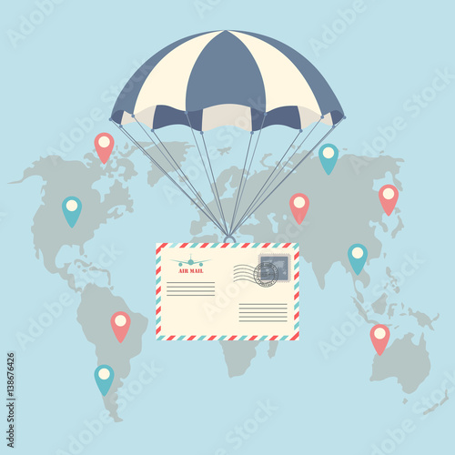 Parachute with air mail envelope. Delivery service, air shipping concept. Vector illustration