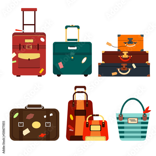 Set travel bags isolated on white background vector illustration. Collection business voyage packing, handle trip baggage. Summer time. Handbag and luggage for adventure