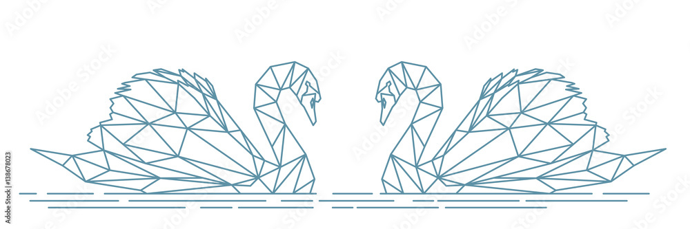 Fototapeta premium Due cigni astratti, illustrazione di uccelli geometrici, linee blu sullo sfondo bianco, file vettoriale