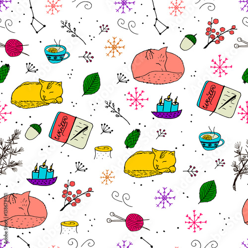 Colorful seamless pattern with cute doodles. Cat, fox, candle, tea, snow, forest elements.