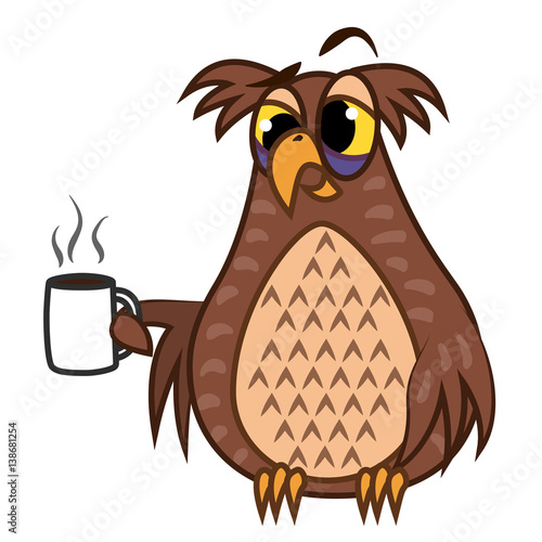 Set isolated Emoji character cartoon sleepy owl with coffe cup. Vector Illustrations