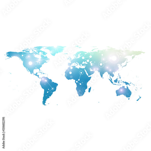 World map with global technology networking concept. Digital data visualization. Lines plexus. Big Data background communication. Scientific vector illustration.