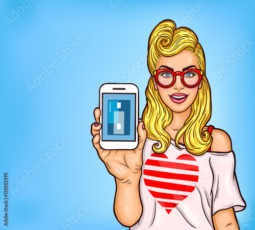 Vector Pop Art illustration of a young girl demonstrates the possibility of online shopping, electronic payments