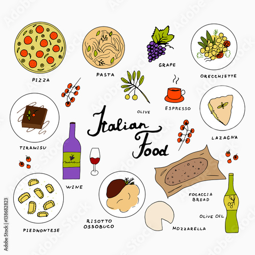 Italian traditional food hand drawn seamless pattern. Italian cuisine menu design. Vector illustration with pizza, pasta, risotto ossobuco, orecchiette, tiramisu, piedmontese, lazagna, mozzarella, foc