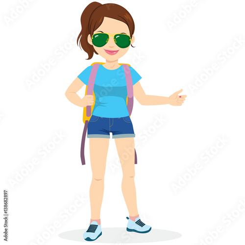 Beautiful young woman with backpack hitchhiking trying to stop a car