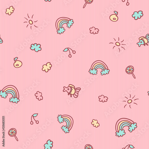Vector seamless cartoon pattern. Fish, fruits, candies, clouds, sun and rainbow. Gentle pink background for kids.