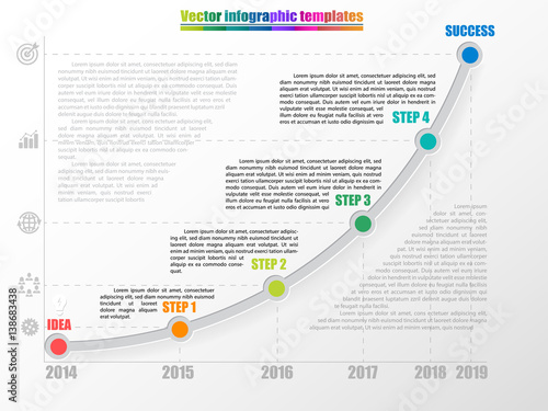 Timeline infographic template with 4 steps, start and finish option. Growth chart by years with inscription and coments. Grey colors and multicolored step points. Vector illustration.