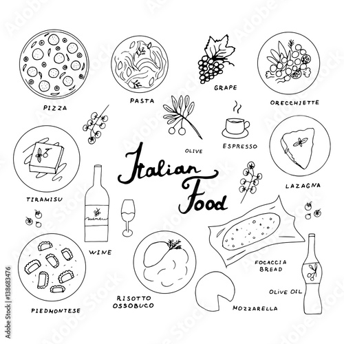 Italian traditional food hand drawn seamless pattern. Italian cuisine menu design. Vector illustration with pizza, pasta, risotto ossobuco, orecchiette, tiramisu, piedmontese, lazagna, mozzarella, foc