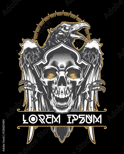 Dark evil raven with spread wings and skull.Vector illustration 