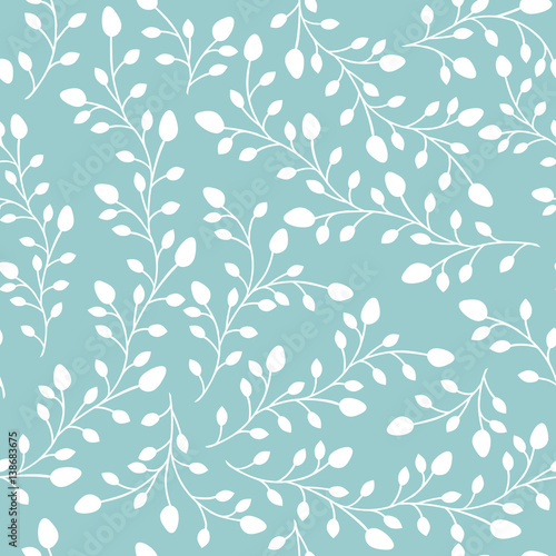 Seamless pattern background. Branches silhouette with leaves and buds. Vector illustration.