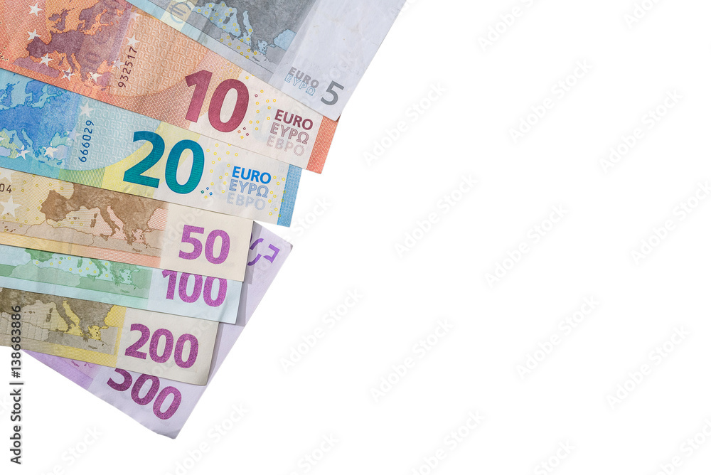 full set of backside euro banknotes isolated on white. Place for text. full set of backside euro banknotes isolated on white. Place for text.