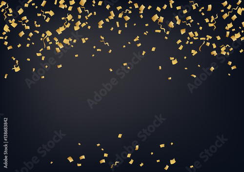 Bright vector golden confetti background. Confetti and serpentine splash isolated on black night background. Сarnival, celebration, opening, birthday premium design. Night party.