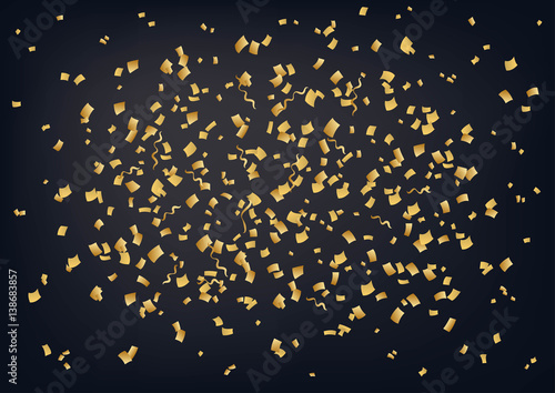 Falling confetti. Vector golden confetti splash isolated on black background. 