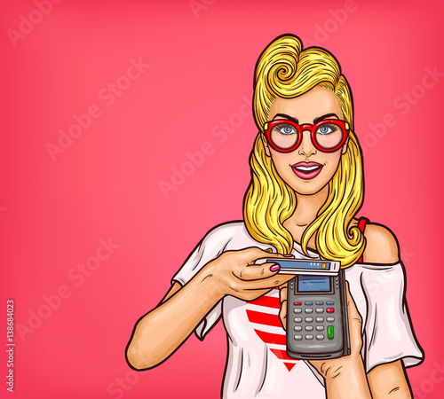Vector Pop Art illustration of a young girl demonstrates the possibility of online shopping, electronic payments