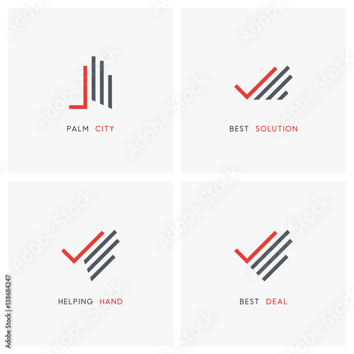 Business logo set. Hand with check mark or tick symbols - partnership, success and charity work icons.