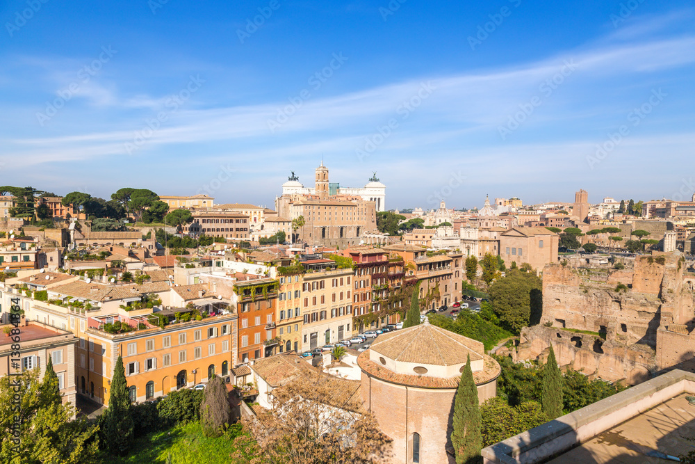 Rome, Italy. View to the Capitol Hill: San Teodoro Church (VI century), the ruins of the Roman Forum and the Palace of Caligula