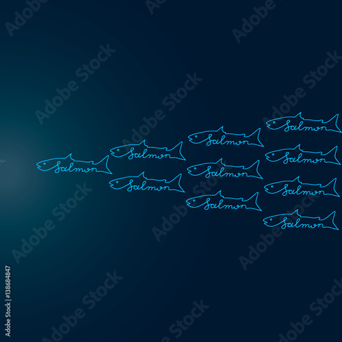 Hand drawn fish illustration. Background for text, quotes, menu. Salmon, school of fish.