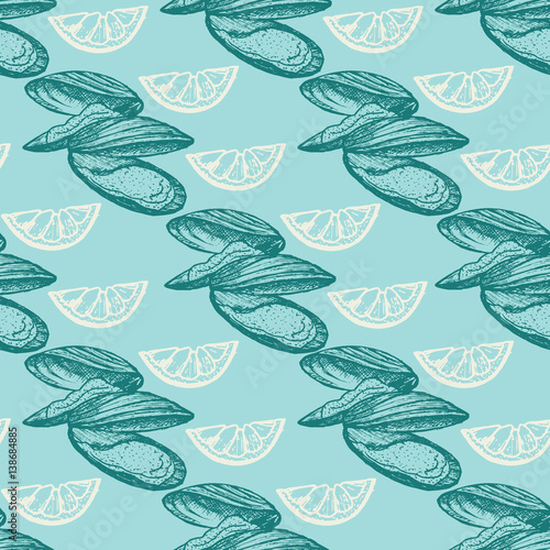 Graphic vector mussels drawn seamless pattern