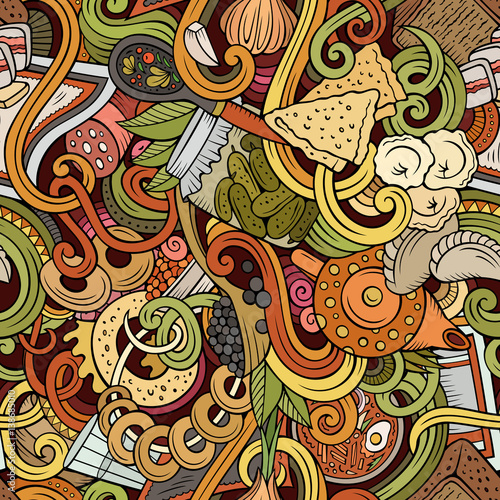 Cartoon doodles Russian food seamless pattern