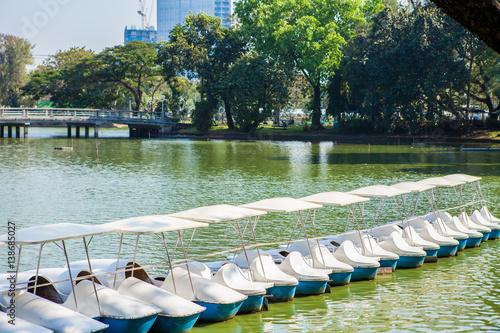 White pedal boats on the lake in Lumpini Park,Thailand