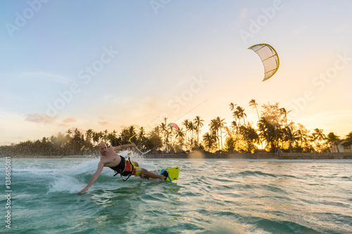 Photography Kiteboarding. Fun in the ocean. Extreme Sport Kitesurfing