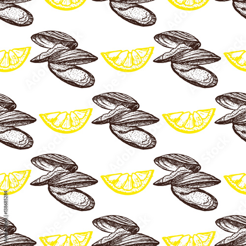 Graphic vector mussels drawn seamless pattern