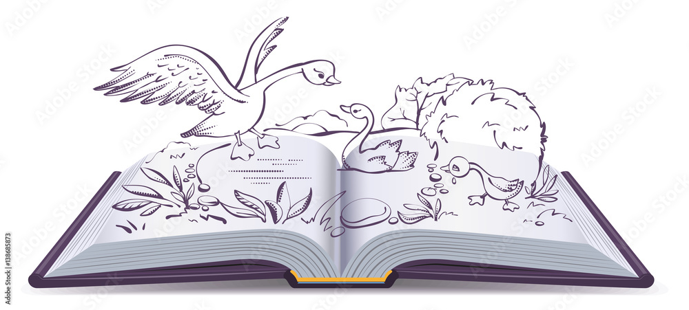 Obraz premium Illustration open book fairy tale of ugly duckling