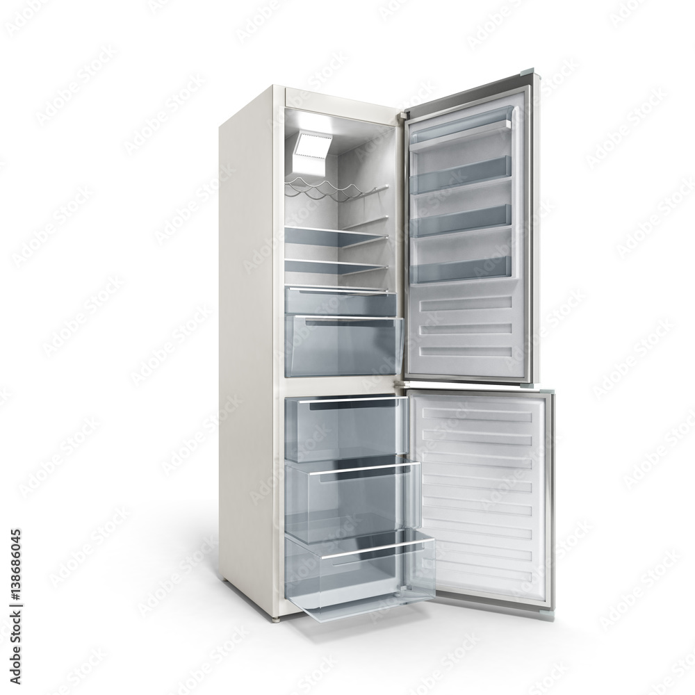 Stainless steel modern open refrigerator on white 3d illustration Stainless steel modern open refrigerator on white 3d illustration