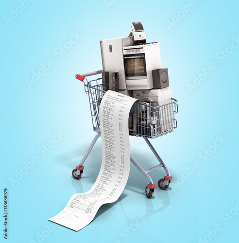 Home appliances in the shopping cart E-commerce or online shopping concept 3d render on blue