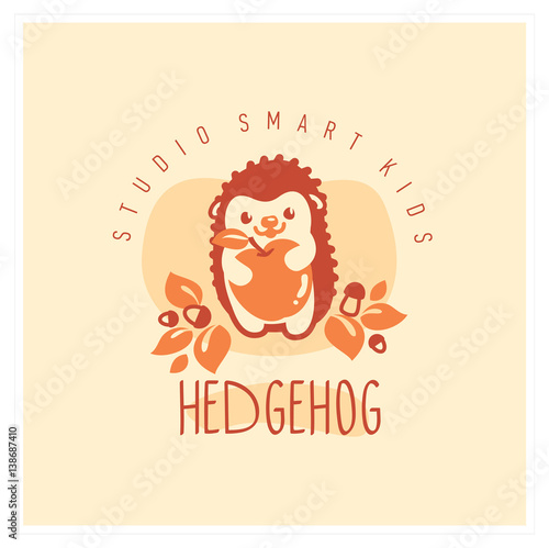 Kids club logo with hedgehog. Cute kindergarten sign.