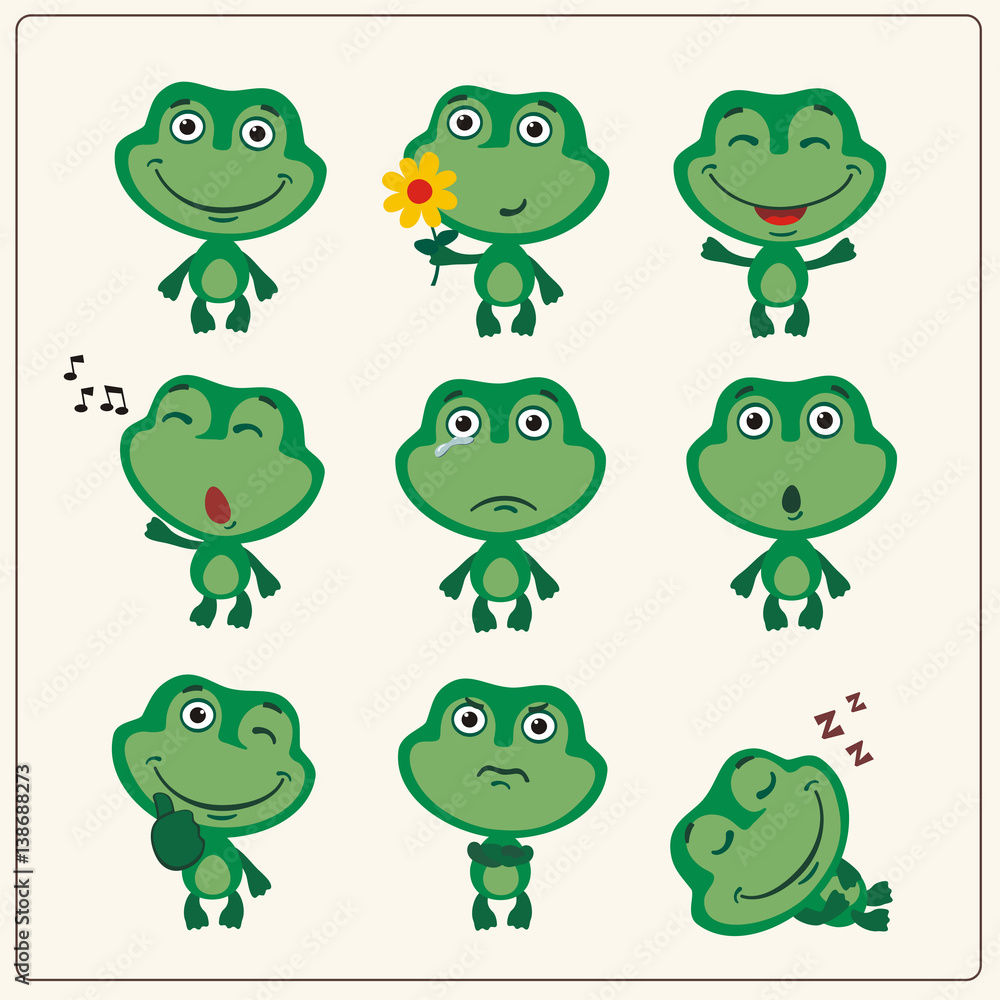 Funny little frog set in different poses. Collection isolated frog in  cartoon style. Stock Vector | Adobe Stock