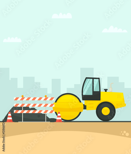 Road roller working on the construction of new road in the city