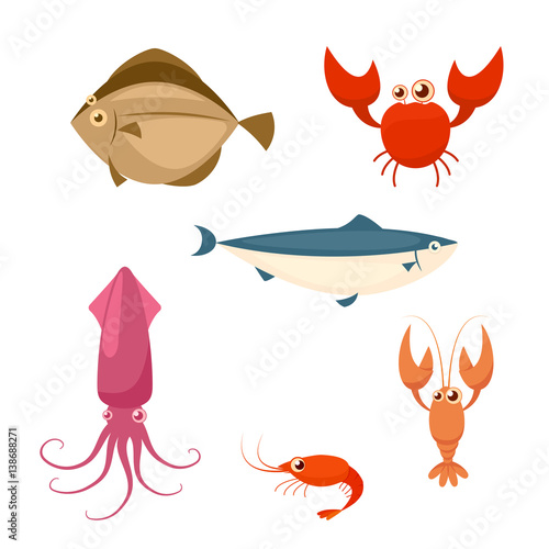 Sea food cartoon icon set. crab lobster shrimp squid