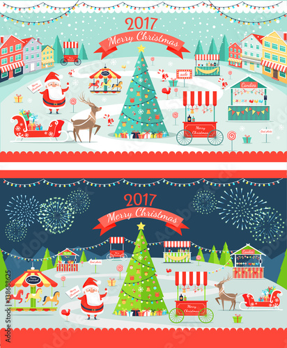 Christmas Market Day and Night Panoramic Vector
