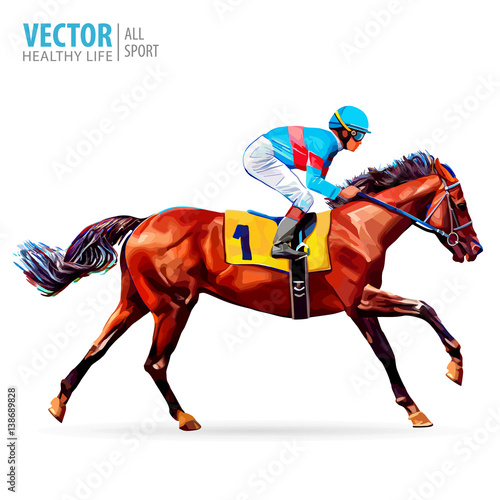Jockey on horse. Champion. Horse racing. Hippodrome. Racetrack. 