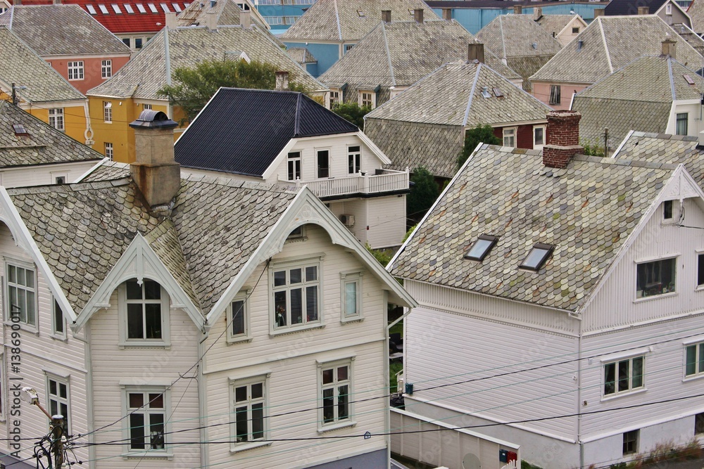 Norwegian wooden houses with shingle roofs seen from above. On the island  Risoy, part of the town Haugesund. West coast of Norway, Scandinavia,  Europe. Stock Photo | Adobe Stock